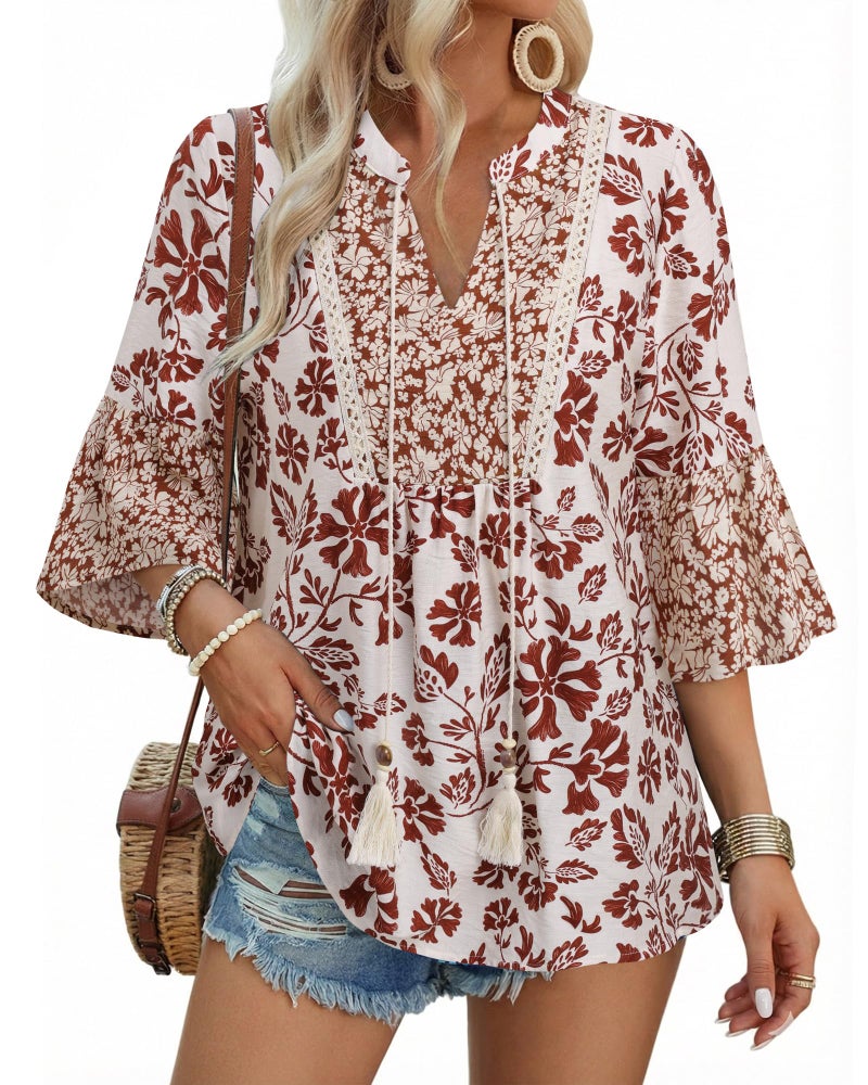 VALOLIA Boho Tops for Women Dressy Casual 3/4 Sleeve - V Neck Lightweight Summer Blouses for Work Office Career Wear Loose Fit Mexican Peasant Tunics for Weekend Brunch Beach Vacation Clothes - Image 2