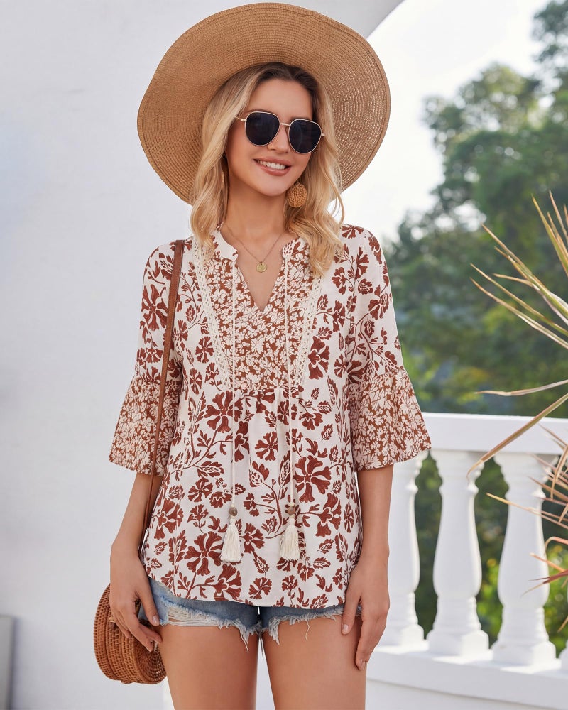 VALOLIA Boho Tops for Women Dressy Casual 3/4 Sleeve - V Neck Lightweight Summer Blouses for Work Office Career Wear Loose Fit Mexican Peasant Tunics for Weekend Brunch Beach Vacation Clothes - Image 3