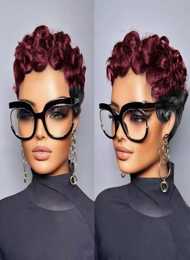 HOTKIS Short Curly Pixie Cut Wig Human Hair Short Wigs for Black Women - Natural Curl Highlight Burgundy & Black Brazilian Human Hair, Glueless Curly Pixie Wigs Ombre 1B/99J, 4 Inch - Image 1