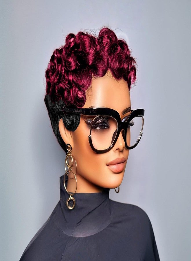 HOTKIS Short Curly Pixie Cut Wig Human Hair Short Wigs for Black Women - Natural Curl Highlight Burgundy & Black Brazilian Human Hair, Glueless Curly Pixie Wigs Ombre 1B/99J, 4 Inch - Image 2