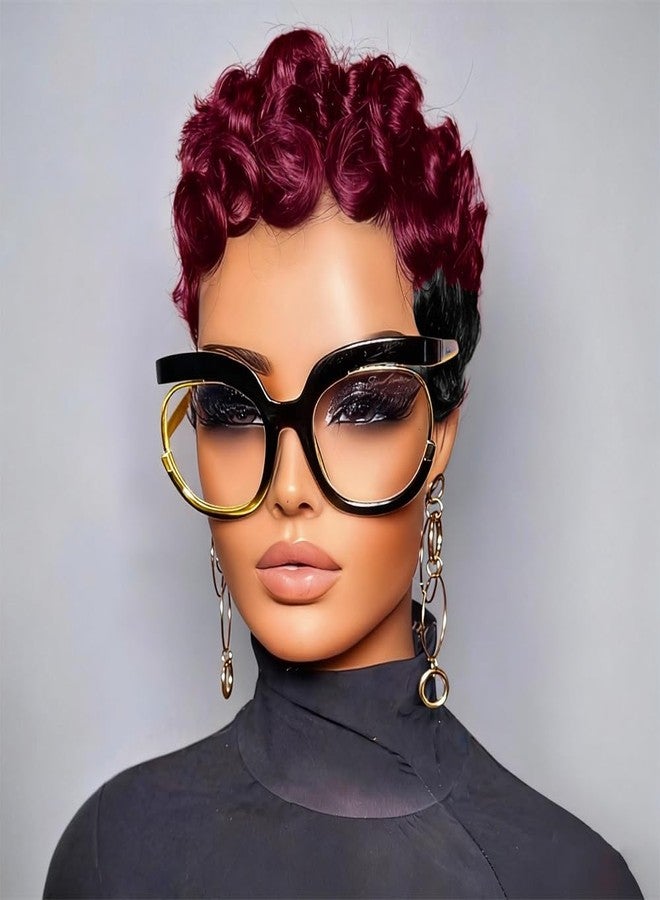 HOTKIS Short Curly Pixie Cut Wig Human Hair Short Wigs for Black Women - Natural Curl Highlight Burgundy & Black Brazilian Human Hair, Glueless Curly Pixie Wigs Ombre 1B/99J, 4 Inch - Image 3