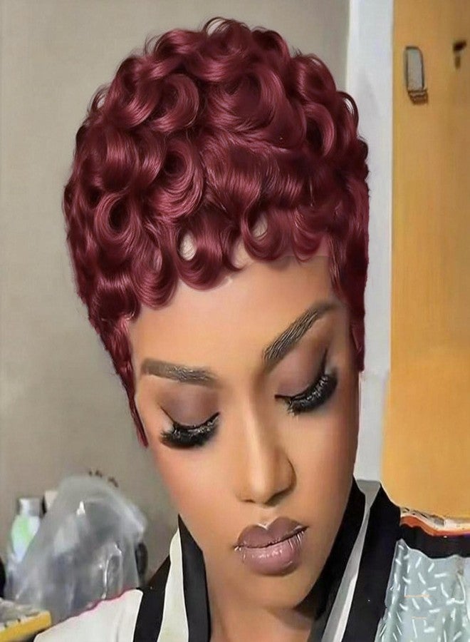 HOTKIS Short Curly Pixie Cut Wig Human Hair Short Wigs for Black Women - Natural Curl Highlight Burgundy & Black Brazilian Human Hair, Glueless Curly Pixie Wigs Ombre 1B/99J, 4 Inch - Image 5