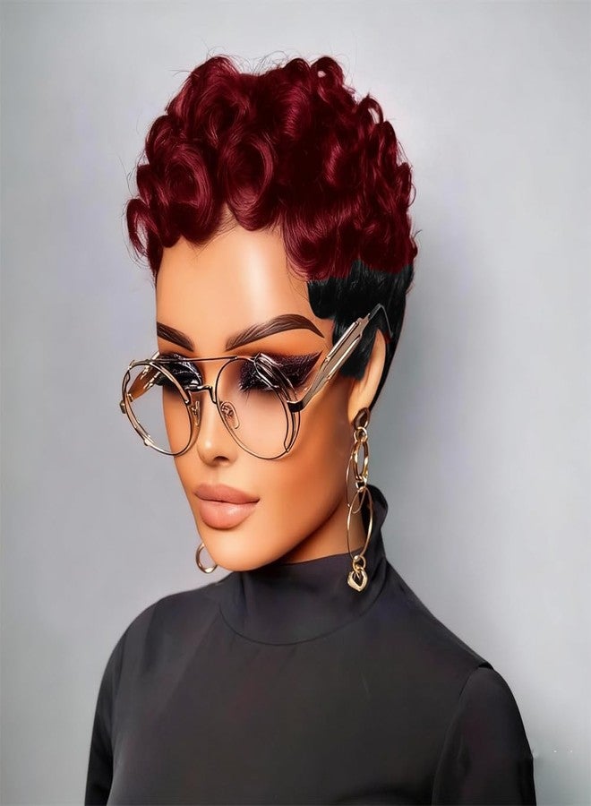 HOTKIS Short Curly Pixie Cut Wig Human Hair Short Wigs for Black Women - Natural Curl Highlight Burgundy & Black Brazilian Human Hair, Glueless Curly Pixie Wigs Ombre 1B/99J, 4 Inch - Image 4