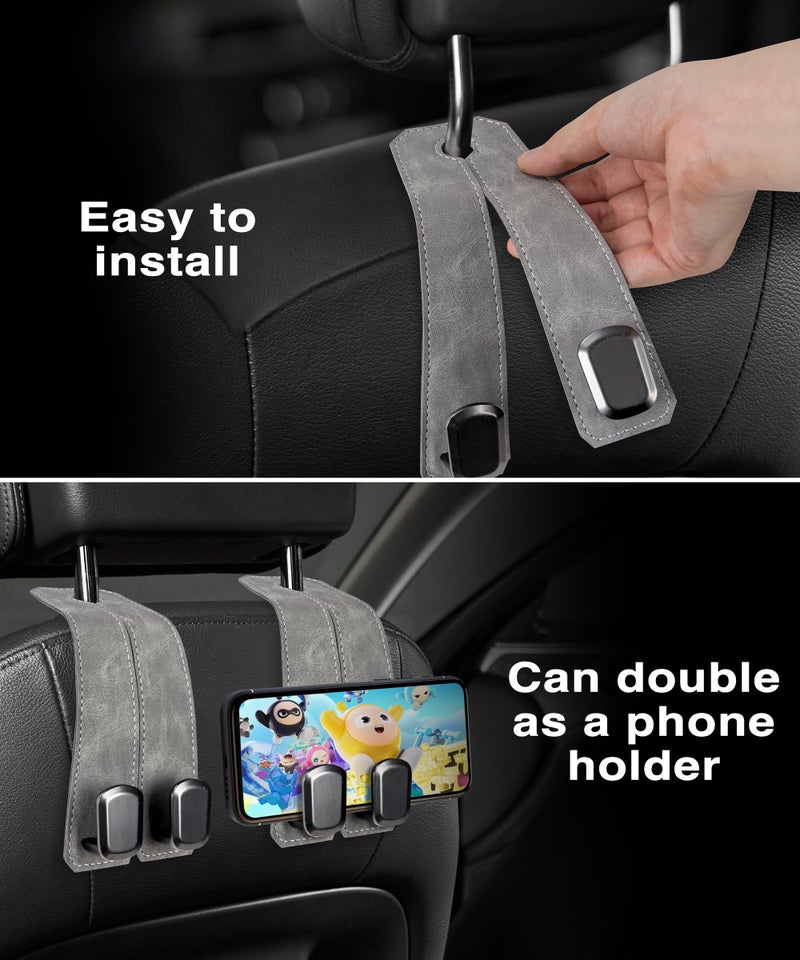 VETERBONE Car Purse Holder Hook, 2PCS Car Hooks for Headrest Luxurious Leather 100% Metal Car Hangers for Seat Multifunctional Car Bag Hook Car Seat Back Storage Hook Accessories (Grey) - Image 5