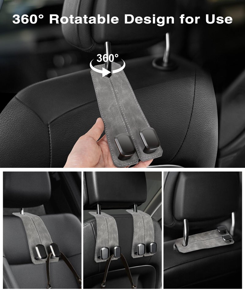 VETERBONE Car Purse Holder Hook, 2PCS Car Hooks for Headrest Luxurious Leather 100% Metal Car Hangers for Seat Multifunctional Car Bag Hook Car Seat Back Storage Hook Accessories (Grey) - Image 4