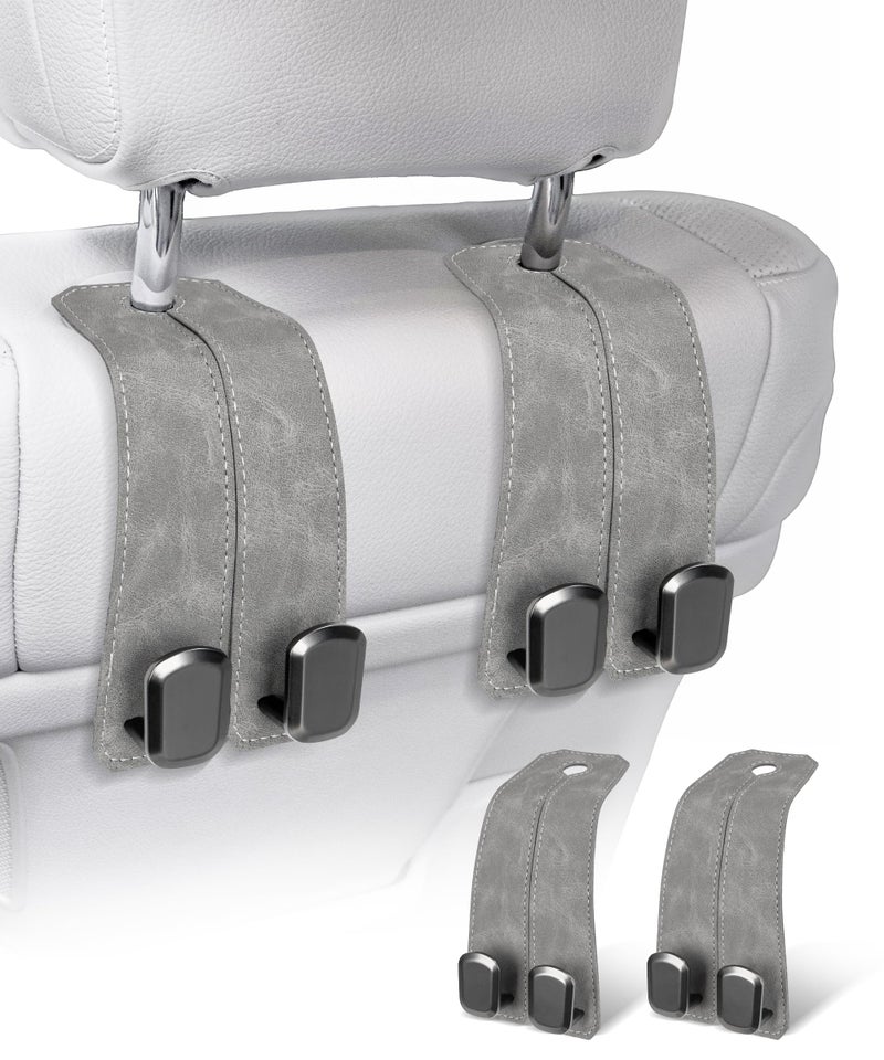 VETERBONE Car Purse Holder Hook, 2PCS Car Hooks for Headrest Luxurious Leather 100% Metal Car Hangers for Seat Multifunctional Car Bag Hook Car Seat Back Storage Hook Accessories (Grey) - Image 1