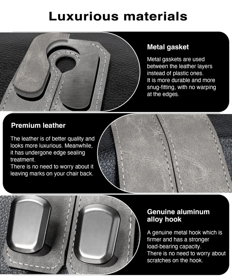 VETERBONE Car Purse Holder Hook, 2PCS Car Hooks for Headrest Luxurious Leather 100% Metal Car Hangers for Seat Multifunctional Car Bag Hook Car Seat Back Storage Hook Accessories (Grey) - Image 2