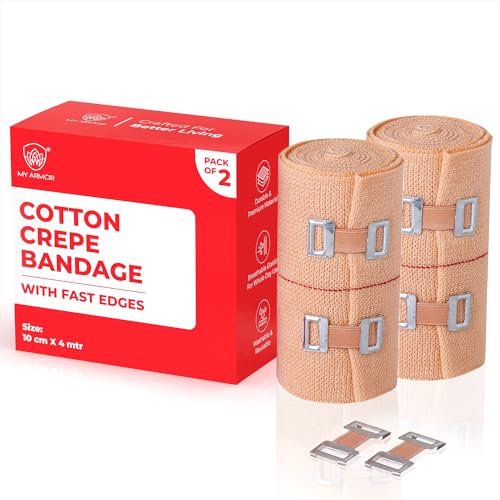 MY ARMOR Cotton Crepe Bandage for Pain Relief - 10cm X 4mt, Garam Patti for Hand Pain with 4 Extra Clips - Pack of 2 - Image 1