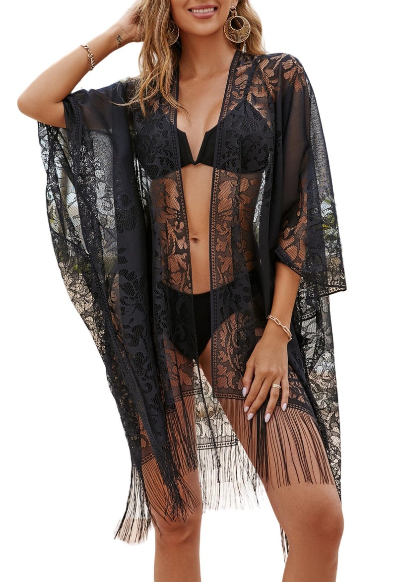 colornival Elegant Lace Kimono Beach Cover-Up – Breezy Open Front Robe for Women, Perfect for Vacation, Available in Beige and Black - Image 1