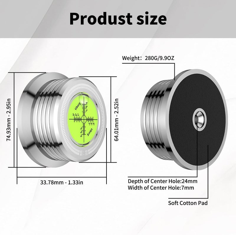 VIBORG LP628S Record Weight Disc Stabilizer, Silver 60Hz Turntable Level, 280G (9.9 OZ) HiFi 3 in 1 Vibration-Proof Vinyl Clamp with Bubble Leveling (60Hz, Silver) - Image 2