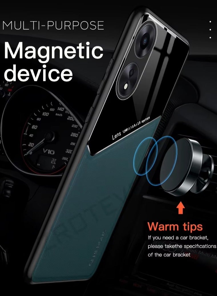 Case Compatible With Oppo A60, Cover Luxury Leather And Glass With Car Magnetic Holder Phone Cover Soft Frame Silicone - Orange - Image 2