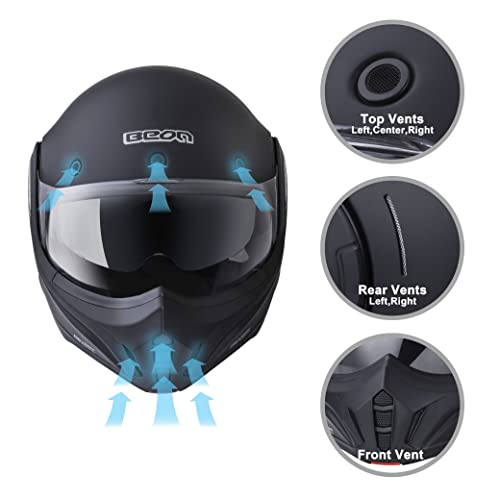 BEON Modular Full Face Helmet DOT Approved, 2-in-1 180° Flip-up Open face Street Bike Helmet, Dual Visors Pilot Style Helmet for Men Adult (S-XXL) - Image 5