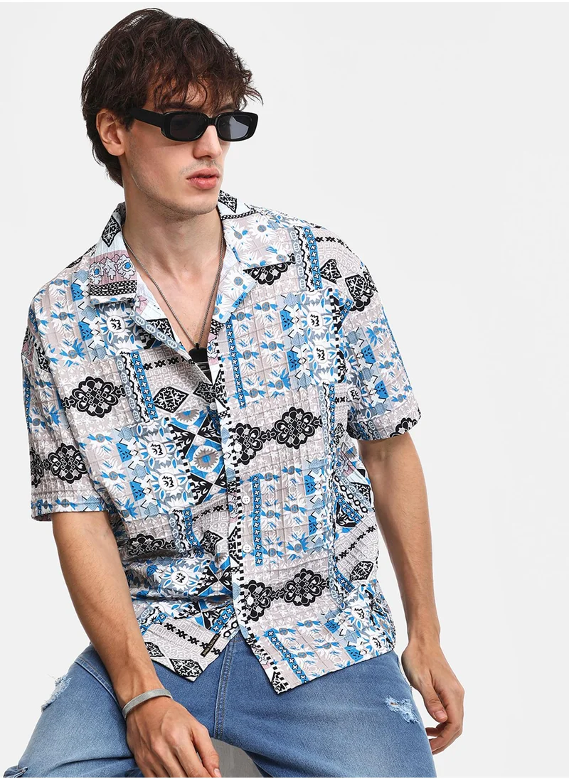كامبوس سوترا Men's Sky Blue & Cloud Grey Bohemian Impressions Oversized Shirt