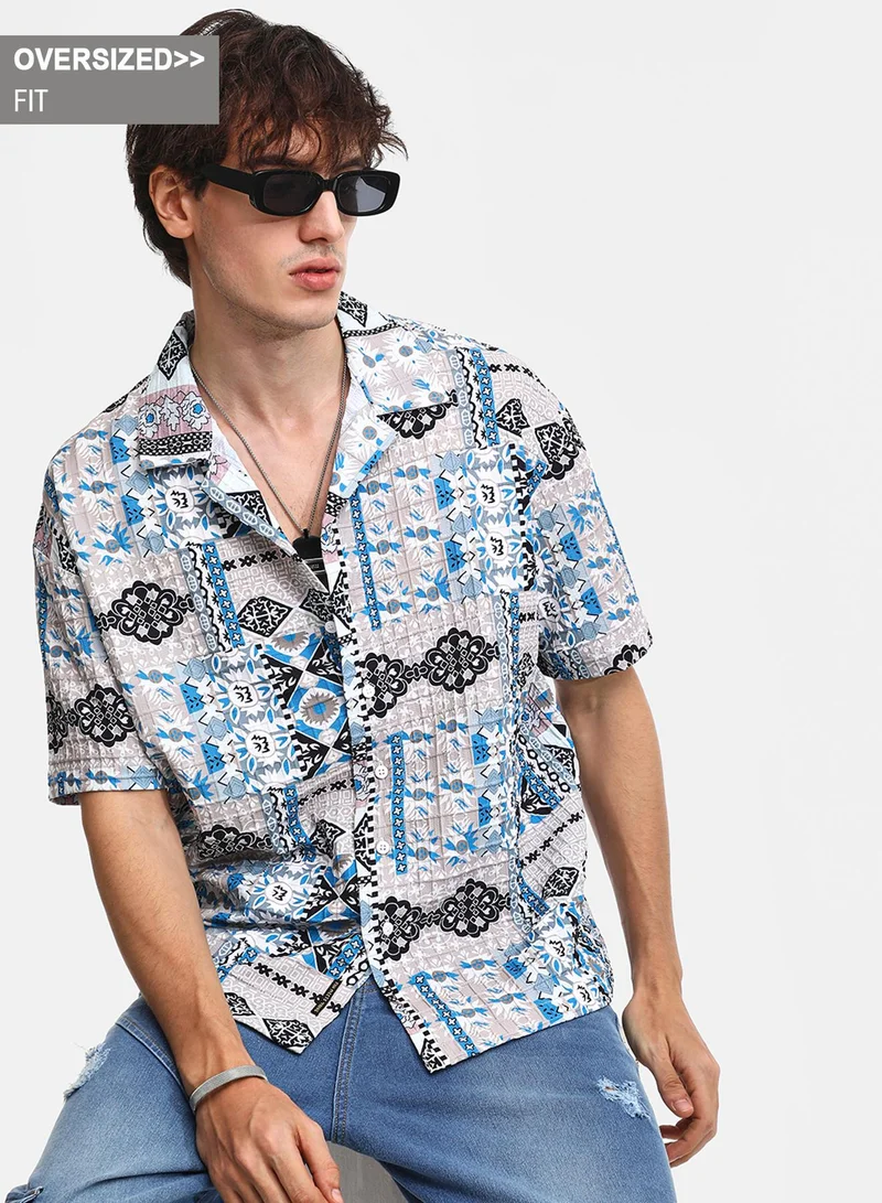 Campus Sutra Men's Sky Blue & Cloud Grey Bohemian Impressions Oversized Shirt