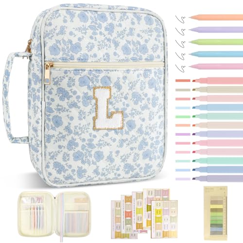 Iqimott Personalized Initial Bible Cover Case for Women Girls Kid - Large Quilted Bible Case with Handle, Stylish Chenille Letter Bag Study Supplies, Perfect Christmas Gifts for Christians (Blue Flower-L) - Image 1