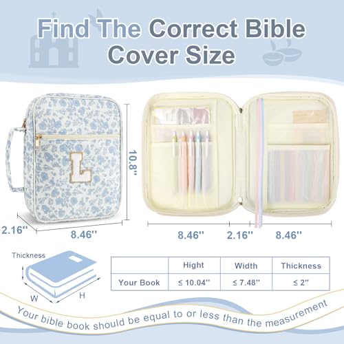 Iqimott Personalized Initial Bible Cover Case for Women Girls Kid - Large Quilted Bible Case with Handle, Stylish Chenille Letter Bag Study Supplies, Perfect Christmas Gifts for Christians (Blue Flower-L) - Image 2