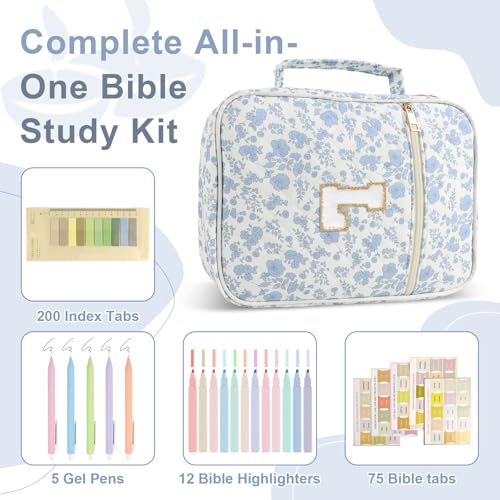 Iqimott Personalized Initial Bible Cover Case for Women Girls Kid - Large Quilted Bible Case with Handle, Stylish Chenille Letter Bag Study Supplies, Perfect Christmas Gifts for Christians (Blue Flower-L) - Image 3