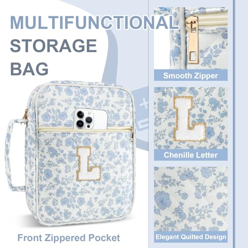 Iqimott Personalized Initial Bible Cover Case for Women Girls Kid - Large Quilted Bible Case with Handle, Stylish Chenille Letter Bag Study Supplies, Perfect Christmas Gifts for Christians (Blue Flower-L) - Image 5