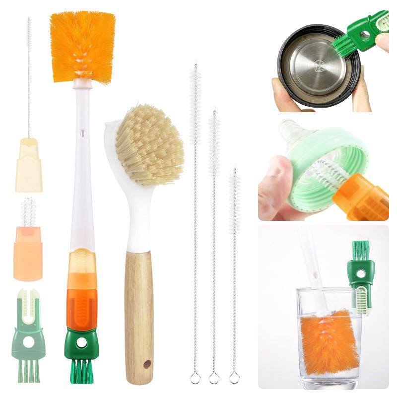 XYFuuee 5 Pack Dish Bottle Brush Set with 5-in-1 Cup Cleaning Brush, Dish Scrub Long Handle Brush with Scraper Tip, 3 Straw Cleaner Brushes, Washing Kitchen Sink Pot Pan Water Bottle Stove - Image 1
