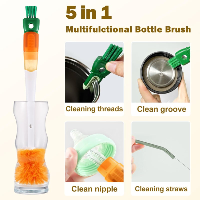 XYFuuee 5 Pack Dish Bottle Brush Set with 5-in-1 Cup Cleaning Brush, Dish Scrub Long Handle Brush with Scraper Tip, 3 Straw Cleaner Brushes, Washing Kitchen Sink Pot Pan Water Bottle Stove - Image 2