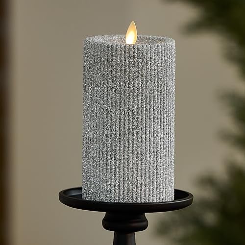 Luminara Brilliant Silver Glitter Ribbed Flameless LED Candle Moving Flame Pillar Real Wax Flat Top Timer 325 x 65 - Image 1
