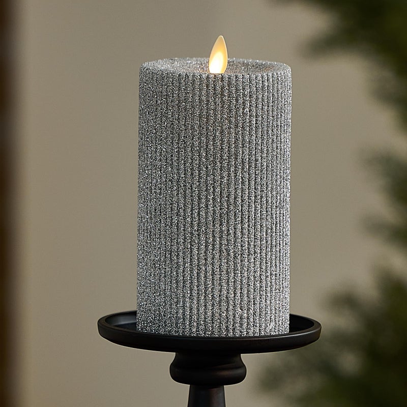 Luminara Brilliant Silver Glitter Ribbed Flameless LED Candle Moving Flame Pillar Real Wax Flat Top Timer 325 x 65 - Image 2