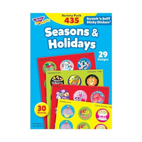 Trend Enterprises Seasons Holidays Scented Scratch N Sniff Stinky Stickers Fun for Rewards Incentives Crafts and as Collectibles 29 Different Designs 30 Sheets Included for Ages 3 and Up - Image 1