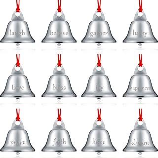 Sratte 24 Pack 1.5 Inch Christmas Bells Santa Sleigh Bell Christmas Believe Silver Ornament Printed Bell with Red - Image 1