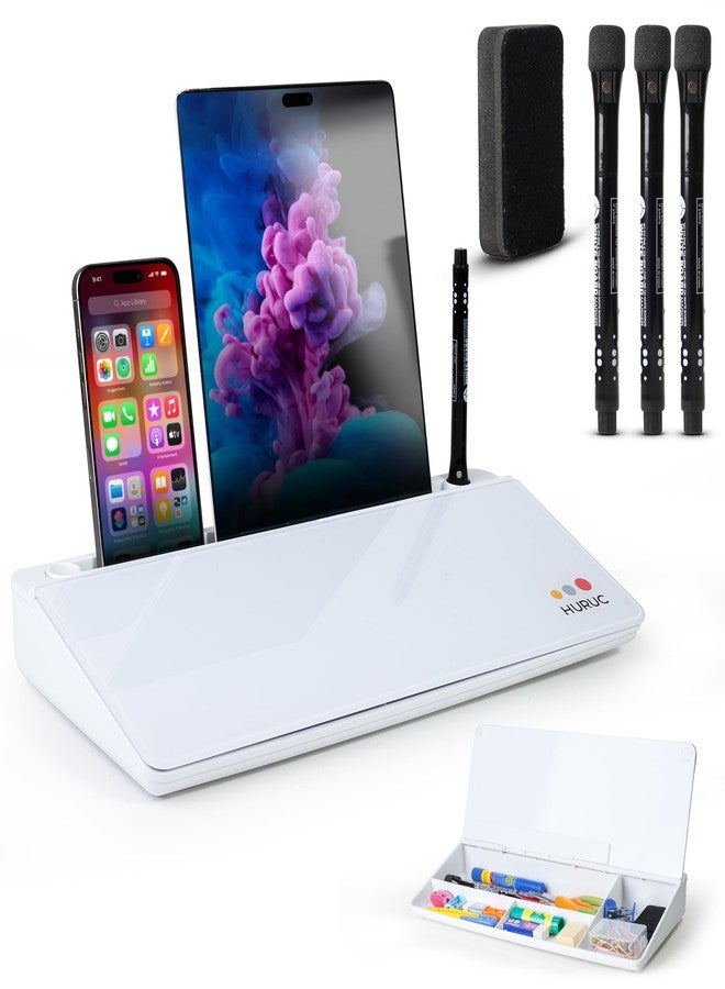 HURUC Small Glass Desktop Whiteboard with Storage,15.3"x7.08"x2.16" inch Desk White Board with Markers & Duster, Desktop Dry Erase Board, Desk Buddy Organizer for Home, Office, School (White) - Image 1