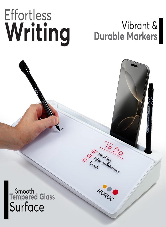 HURUC Small Glass Desktop Whiteboard with Storage,15.3"x7.08"x2.16" inch Desk White Board with Markers & Duster, Desktop Dry Erase Board, Desk Buddy Organizer for Home, Office, School (White) - Image 2