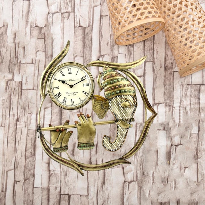 CRAFTS METAL IRON HANGING WALL ART CLOCK FOR HOME DECOR LIVING ROOMBEDROOMDINING HALLOFFICECAFESHOTELS GANESH GOLDEN