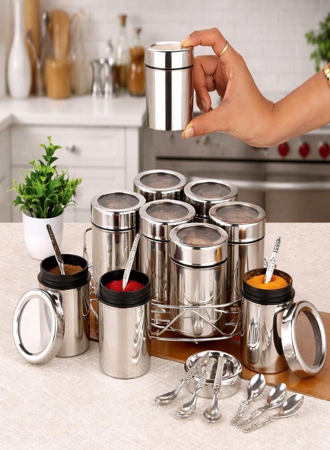 DARAZ Stainless Steel Masala Storage Container Set, 9 Compartments with Spoons and Stand, 190 ml, Silver - Image 1