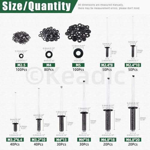 Keadic 560Pcs Pop Rivets Assortment Kit with Backup Washers, M2.4 M3.2 M4 M4.8 8 Sizes Aluminum Blind Rivets for Automotive, Marine, Ships (Black) - Image 3
