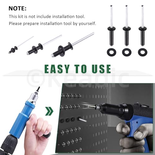 Keadic 560Pcs Pop Rivets Assortment Kit with Backup Washers, M2.4 M3.2 M4 M4.8 8 Sizes Aluminum Blind Rivets for Automotive, Marine, Ships (Black) - Image 4