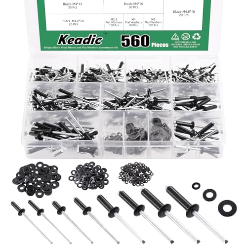 Keadic 560Pcs Pop Rivets Assortment Kit with Backup Washers, M2.4 M3.2 M4 M4.8 8 Sizes Aluminum Blind Rivets for Automotive, Marine, Ships (Black) - Image 2