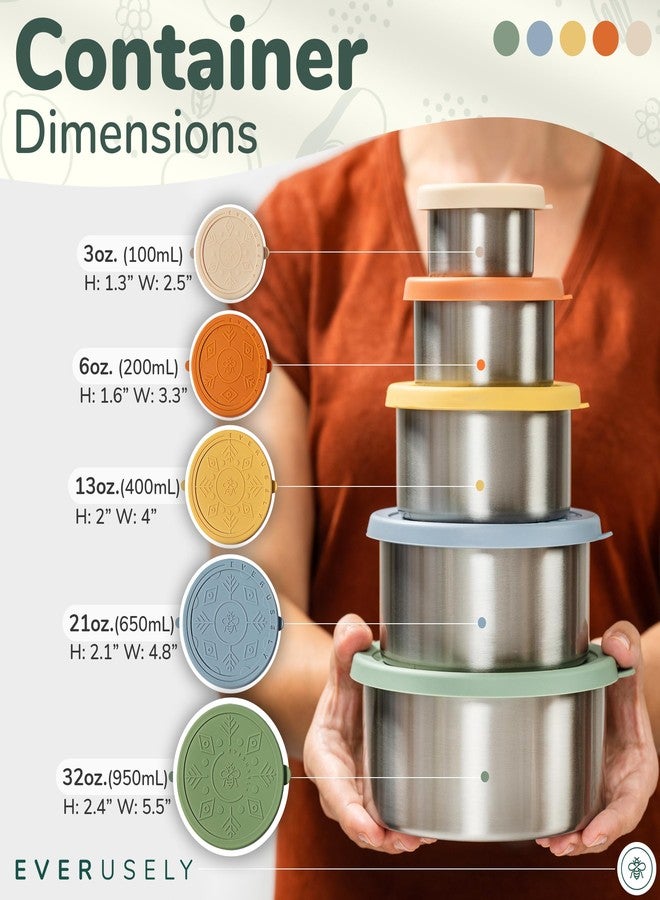 Everusely - Stainless Steel Containers with Lids - Set of 5, Muted Collection - Leakproof Stainless Steel Food Containers - Nesting Snack Holders - Metal Lunch Box - Portable & Reusable Meal Kit - Image 2