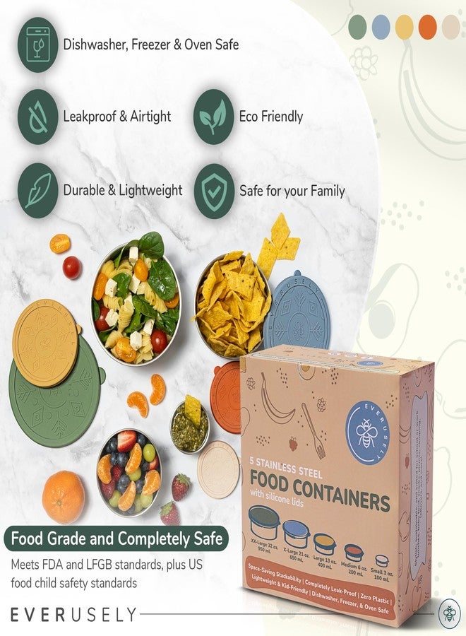 Everusely - Stainless Steel Containers with Lids - Set of 5, Muted Collection - Leakproof Stainless Steel Food Containers - Nesting Snack Holders - Metal Lunch Box - Portable & Reusable Meal Kit - Image 3