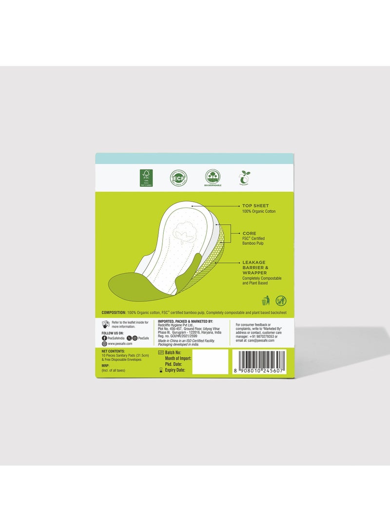 PEE SAFE PeeSafe 100% Organic Cotton Sanitary Pads, Biodegradable Bamboo Core, Super Absorbent & Leak-proof, Fragrance Free, Overnight - 10 Pads - Pack of 2 - Image 3