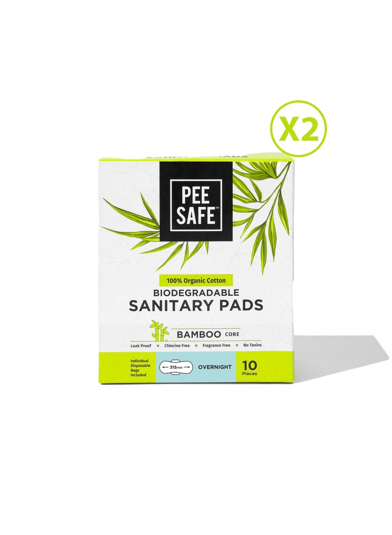 PEE SAFE PeeSafe 100% Organic Cotton Sanitary Pads, Biodegradable Bamboo Core, Super Absorbent & Leak-proof, Fragrance Free, Overnight - 10 Pads - Pack of 2 - Image 1