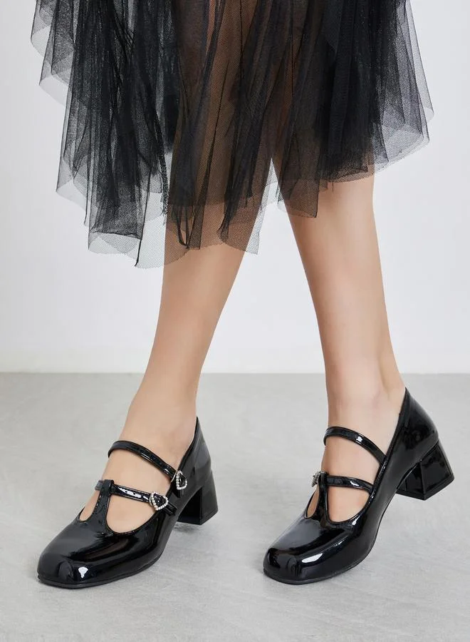 Take Two Take Two Black Mary Jane Flats Shoes with Heart Buckles