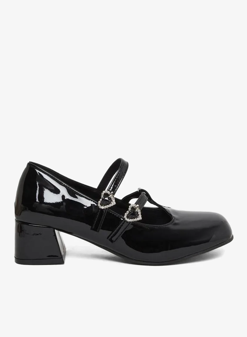 Take Two Black Mary Jane Flats Shoes with Heart Buckles