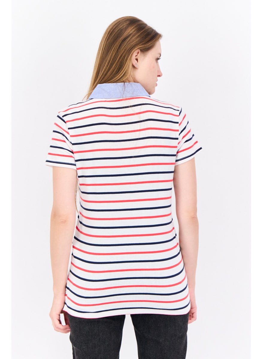 NAUTICA Women Spread Collar Short Sleeve Stripe Polo Shirt, White Combo  - Image 3