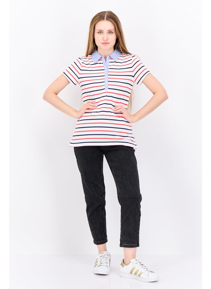 NAUTICA Women Spread Collar Short Sleeve Stripe Polo Shirt, White Combo  - Image 2