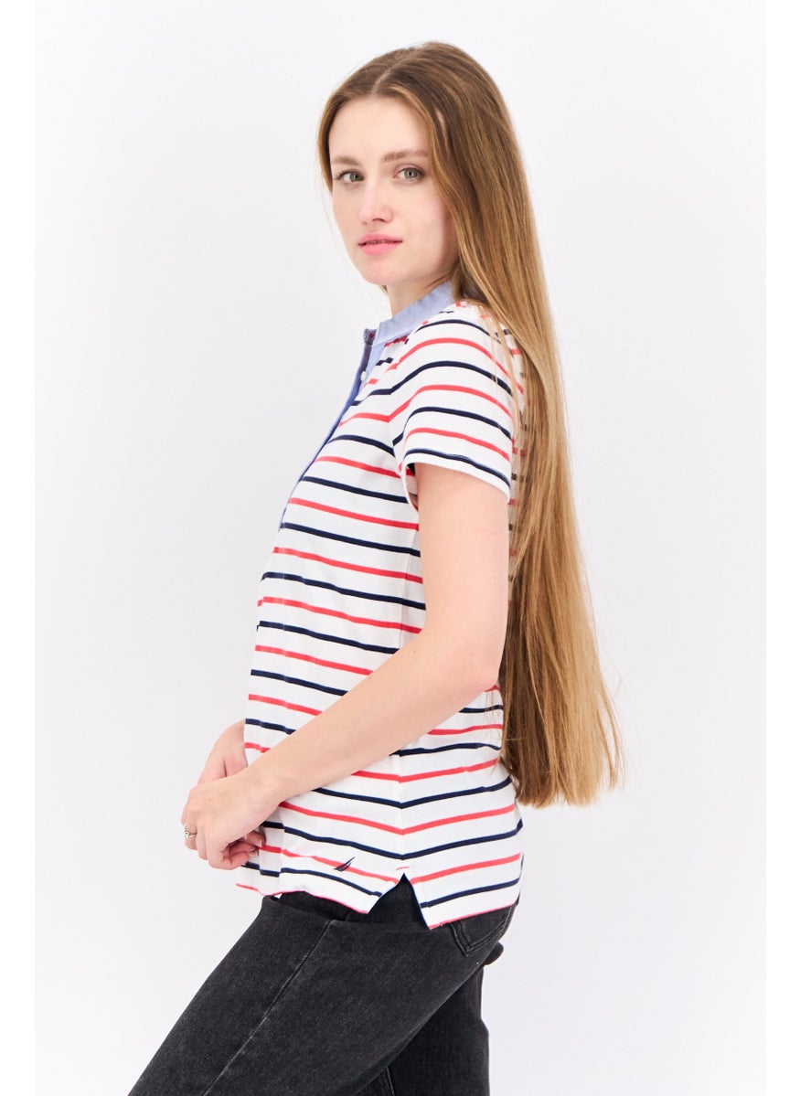 NAUTICA Women Spread Collar Short Sleeve Stripe Polo Shirt, White Combo  - Image 4