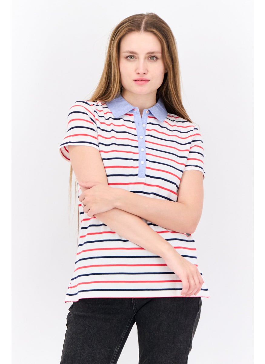 NAUTICA Women Spread Collar Short Sleeve Stripe Polo Shirt, White Combo  - Image 1