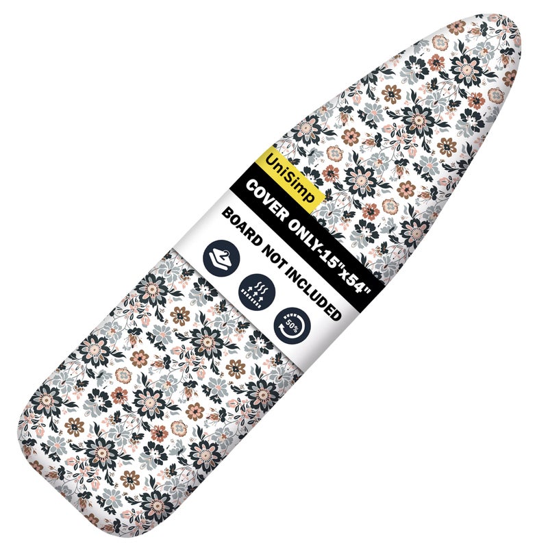 UniSimp Ironing Board Cover and Pad 15"x54" Extra Thick Natural Cotton, Scorch and Stain Resistant Padding, Standard Size Iron Board Cover with Fasteners Heavy Duty Elastic Edge, Heatproof Floral - Image 1