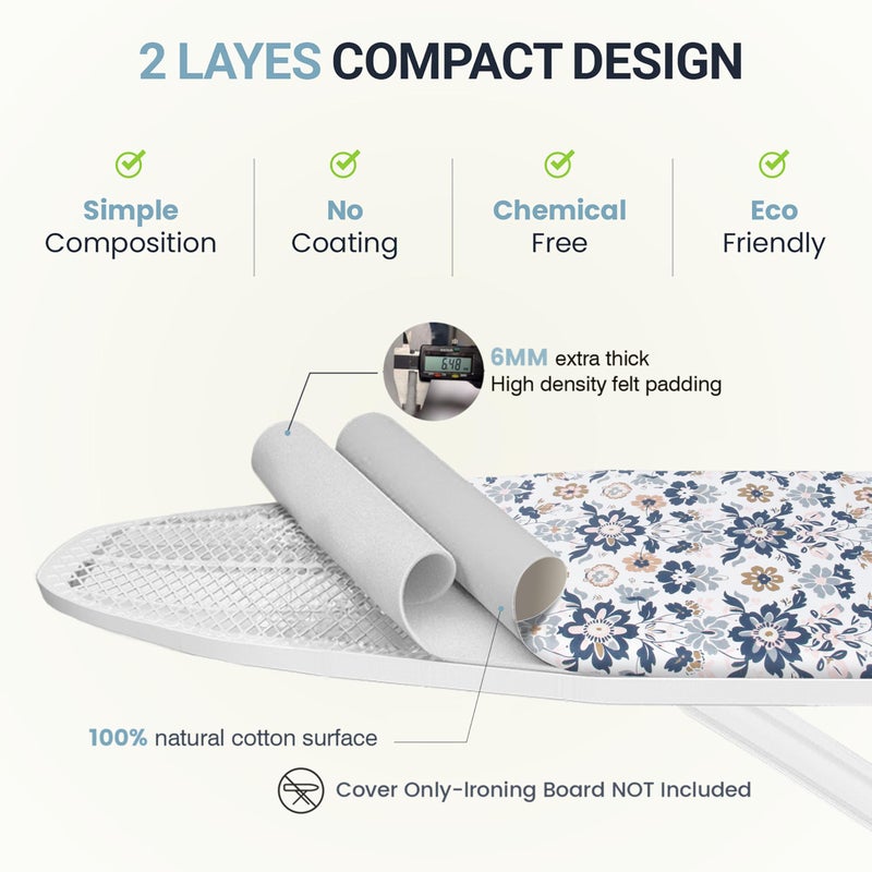 UniSimp Ironing Board Cover and Pad 15"x54" Extra Thick Natural Cotton, Scorch and Stain Resistant Padding, Standard Size Iron Board Cover with Fasteners Heavy Duty Elastic Edge, Heatproof Floral - Image 5