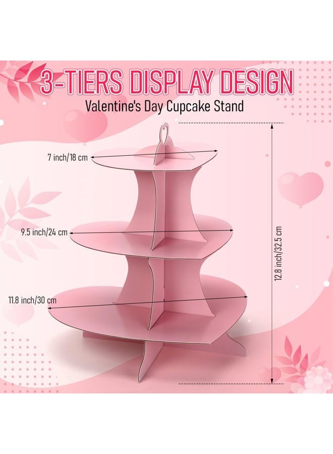Willinglong 2 Pcs Heart Cupcake Stand 3 Tier Pink Dessert Tower Display Cardboard Cupcake Stand Cake Holder Decoration for Birthday Weddings Party Supplies(Heart) - Image 2