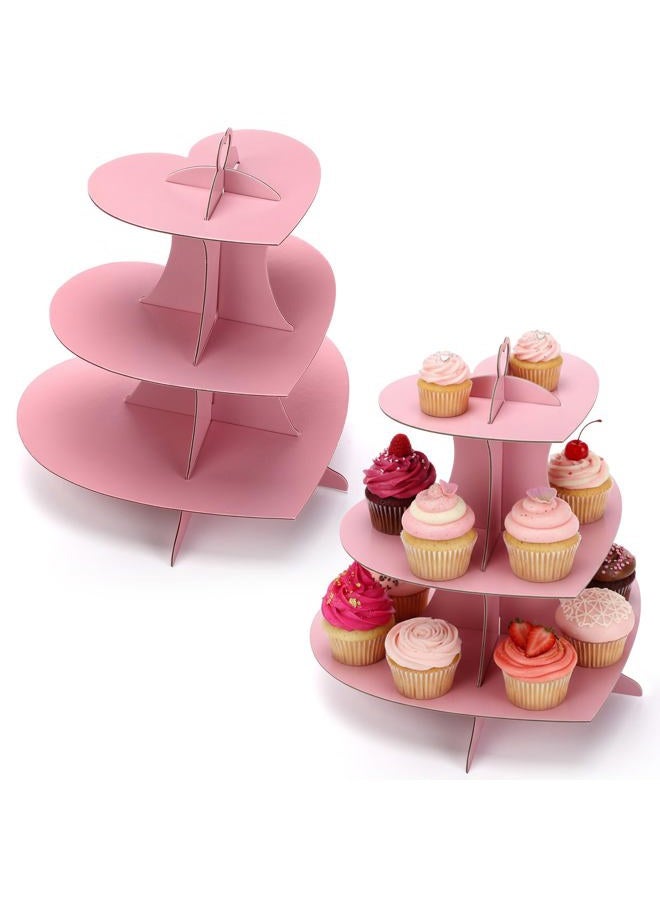 Willinglong 2 Pcs Heart Cupcake Stand 3 Tier Pink Dessert Tower Display Cardboard Cupcake Stand Cake Holder Decoration for Birthday Weddings Party Supplies(Heart) - Image 1