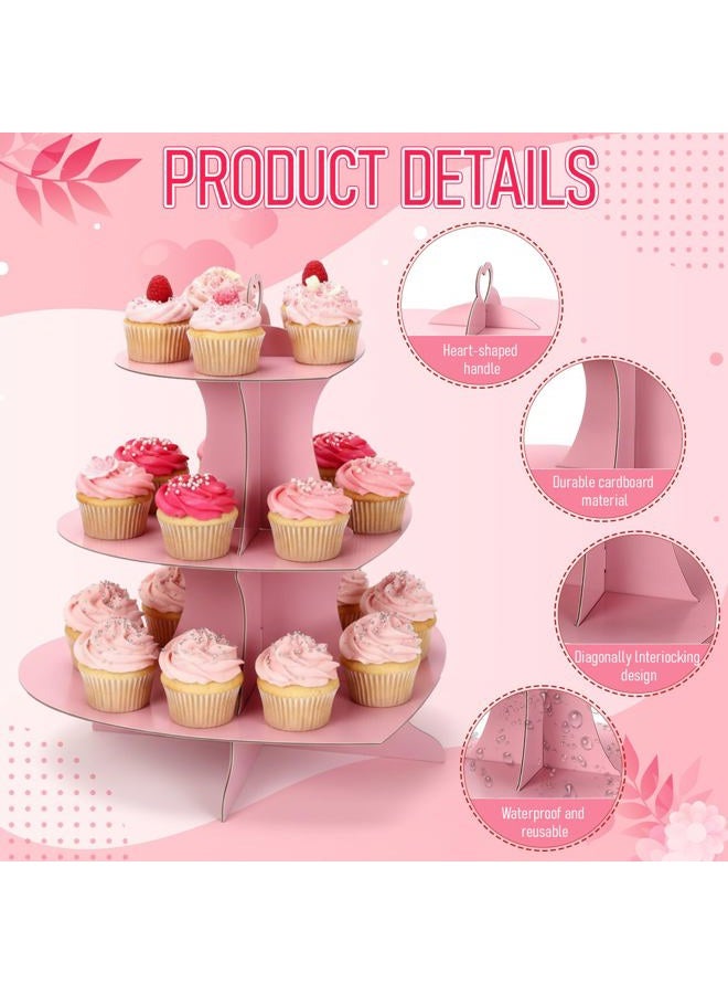Willinglong 2 Pcs Heart Cupcake Stand 3 Tier Pink Dessert Tower Display Cardboard Cupcake Stand Cake Holder Decoration for Birthday Weddings Party Supplies(Heart) - Image 4